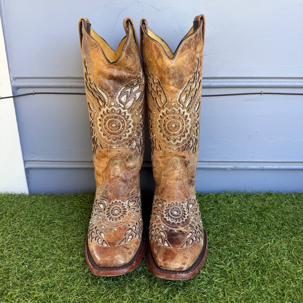 Seven Stars Brown Leather Embroidered Rhinestone Western Boots Womens 9.5 726
